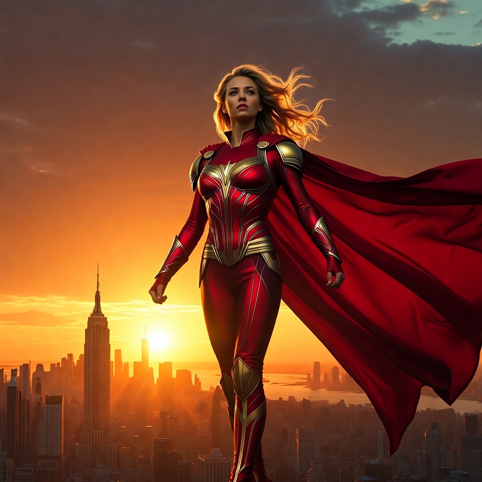 Blonde woman in red superhero suit sunset Blonde woman in red superhero suit sunset