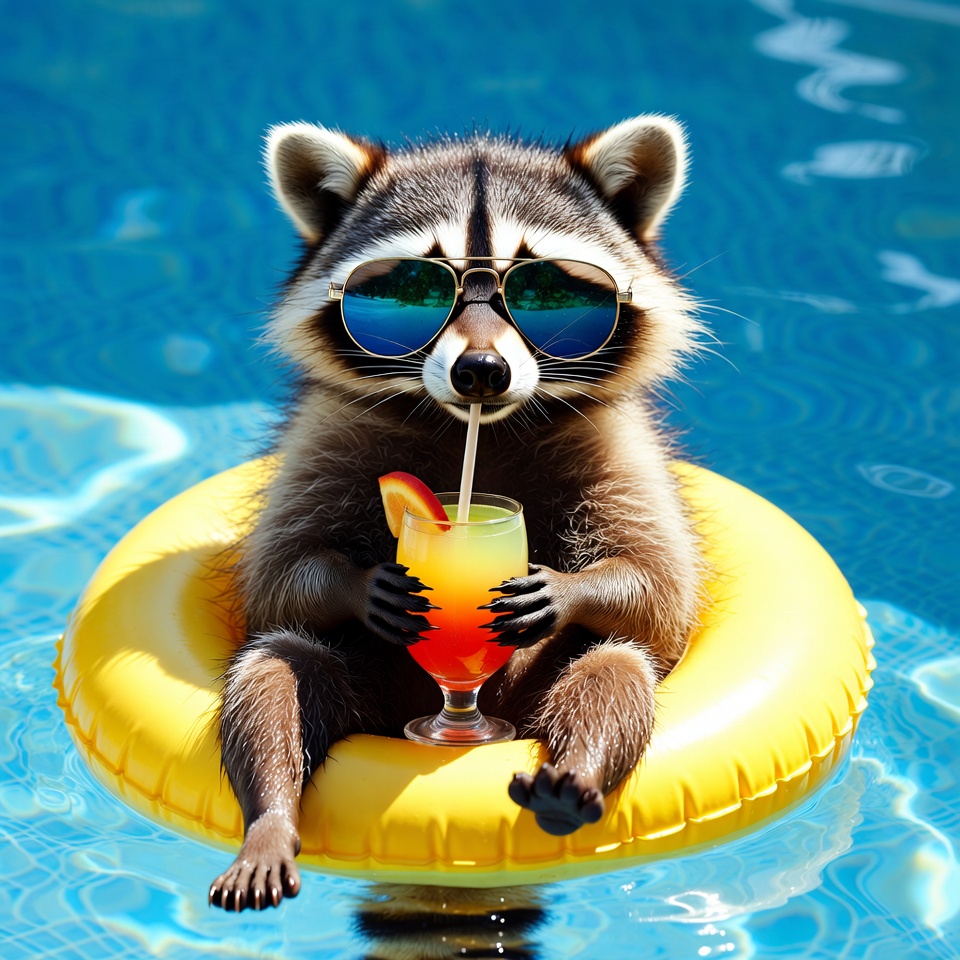 Raccoon in sunglasses with drink on pool float Raccoon in sunglasses with drink on pool float
