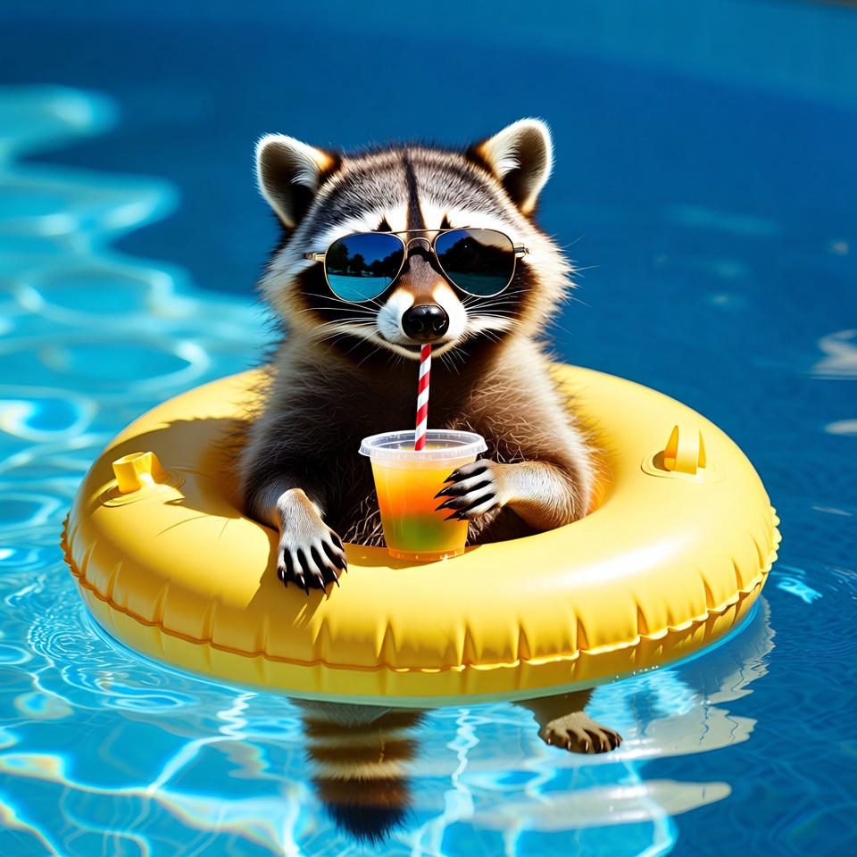 Raccoon in sunglasses on pool float Raccoon in sunglasses on pool float