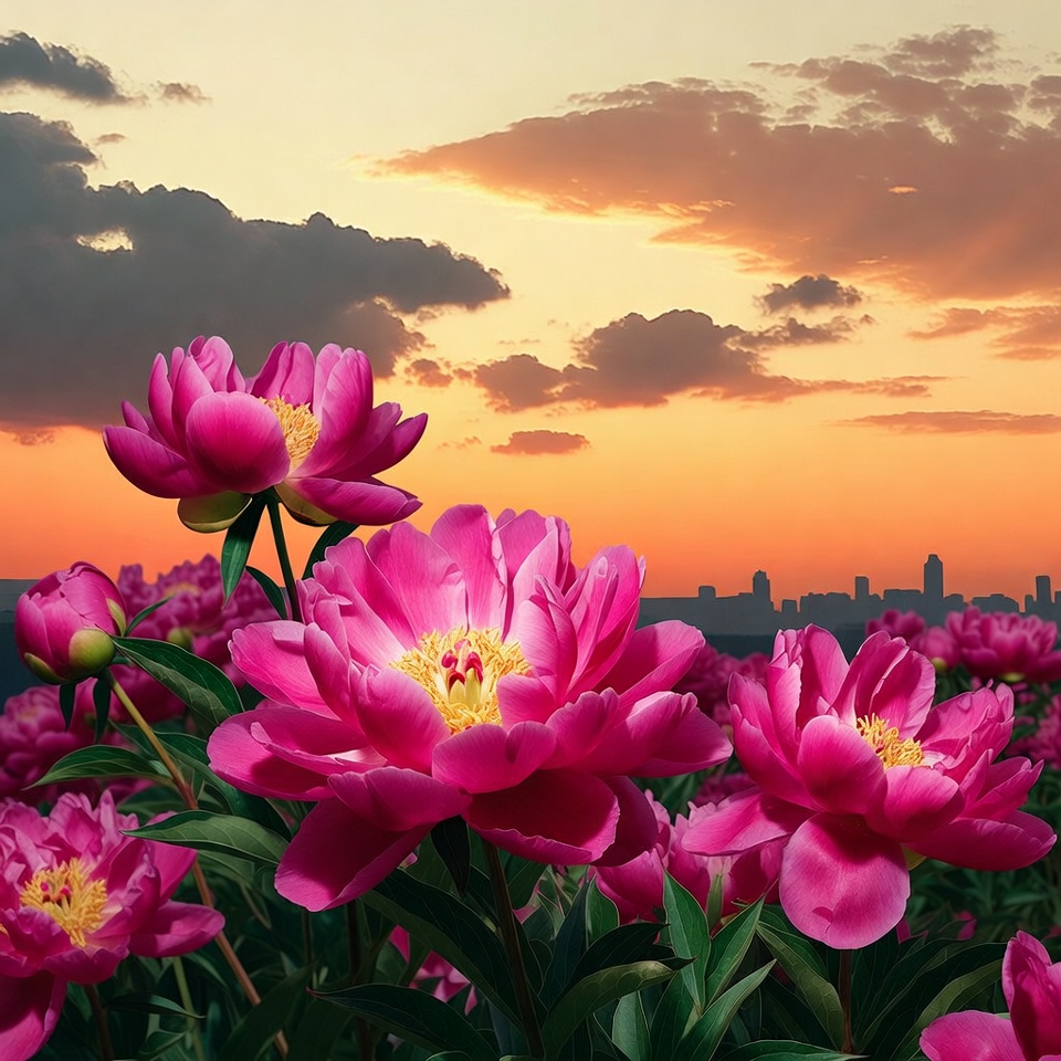 Pink peonies with sunset city skyline Pink peonies with sunset city skyline