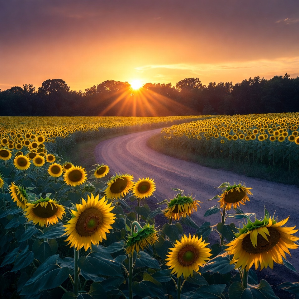 Sunflower Field Winding Path Sunset Sunflower Field Winding Path Sunset