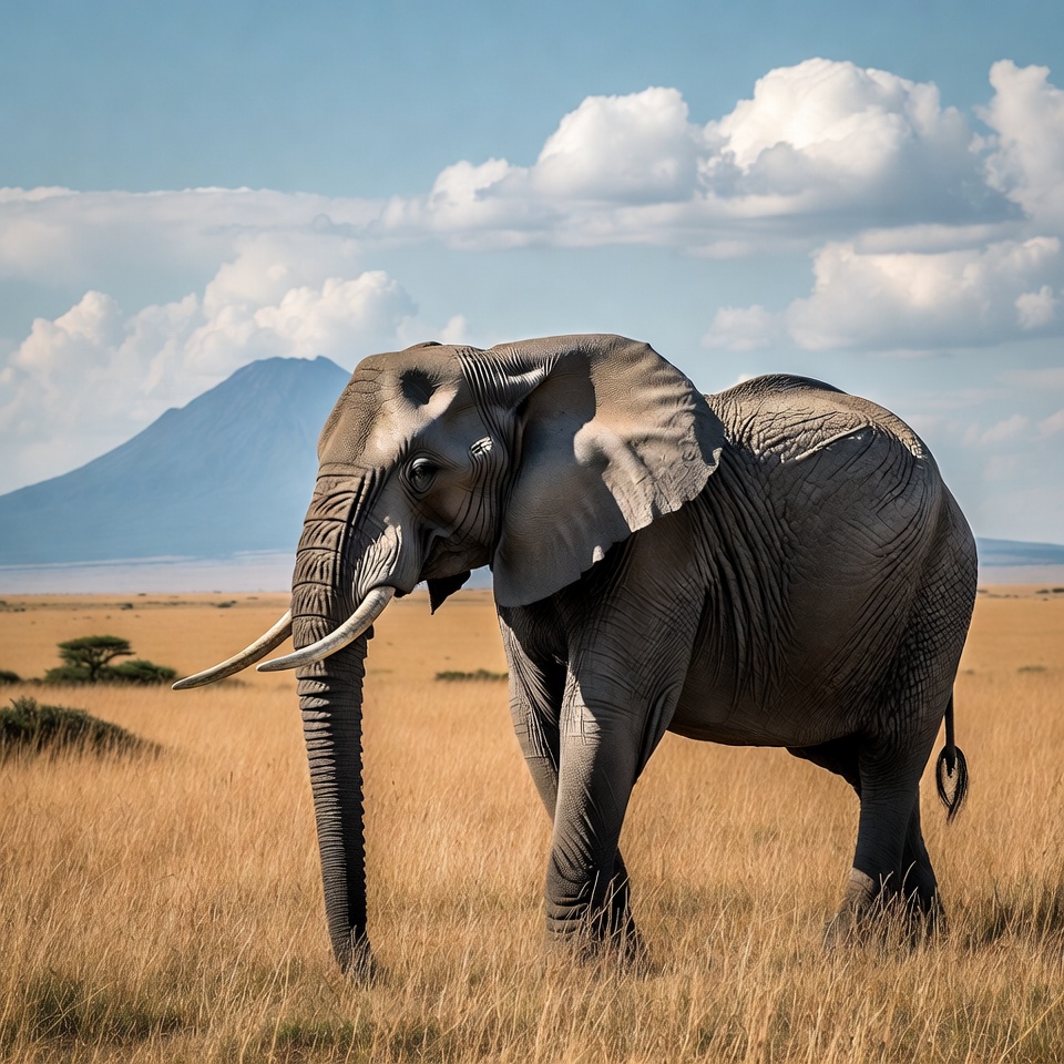 Elephant standing in savanna with Mount Kilimanjaro Elephant standing in savanna with Mount Kilimanjaro
