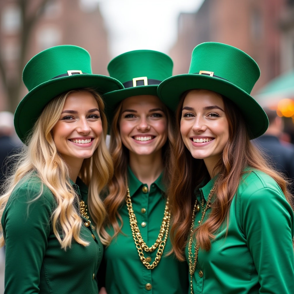 Three women wearing green St. Patrick's hats Three women wearing green St. Patrick's hats