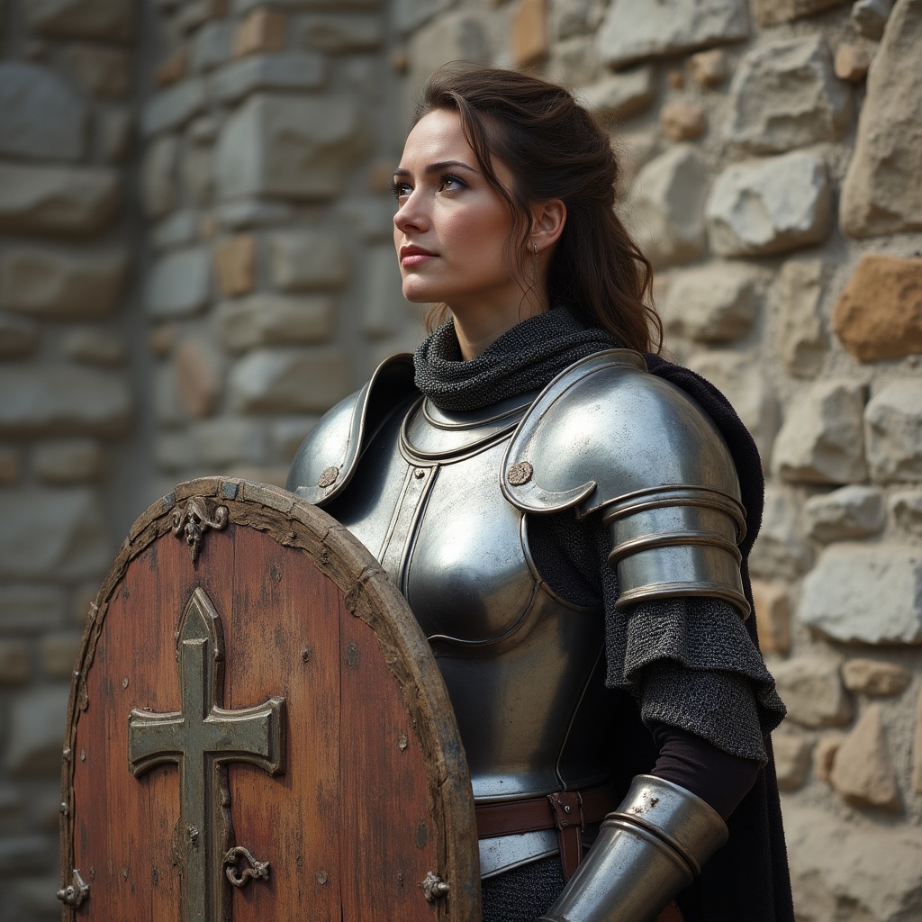 Woman warrior in armor with shield Woman warrior in armor with shield