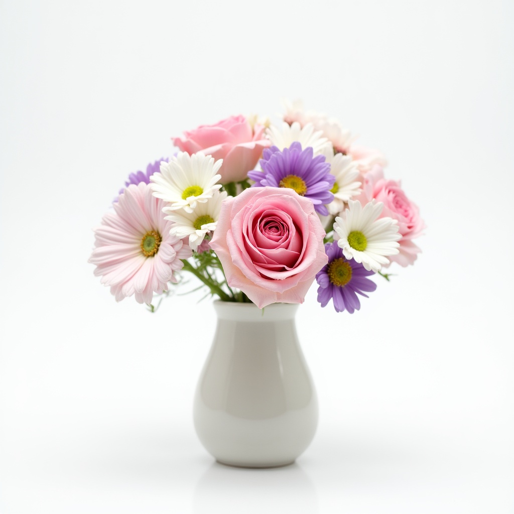 Pink Roses Daisies in White Vase Pink Roses Daisies in White Vase