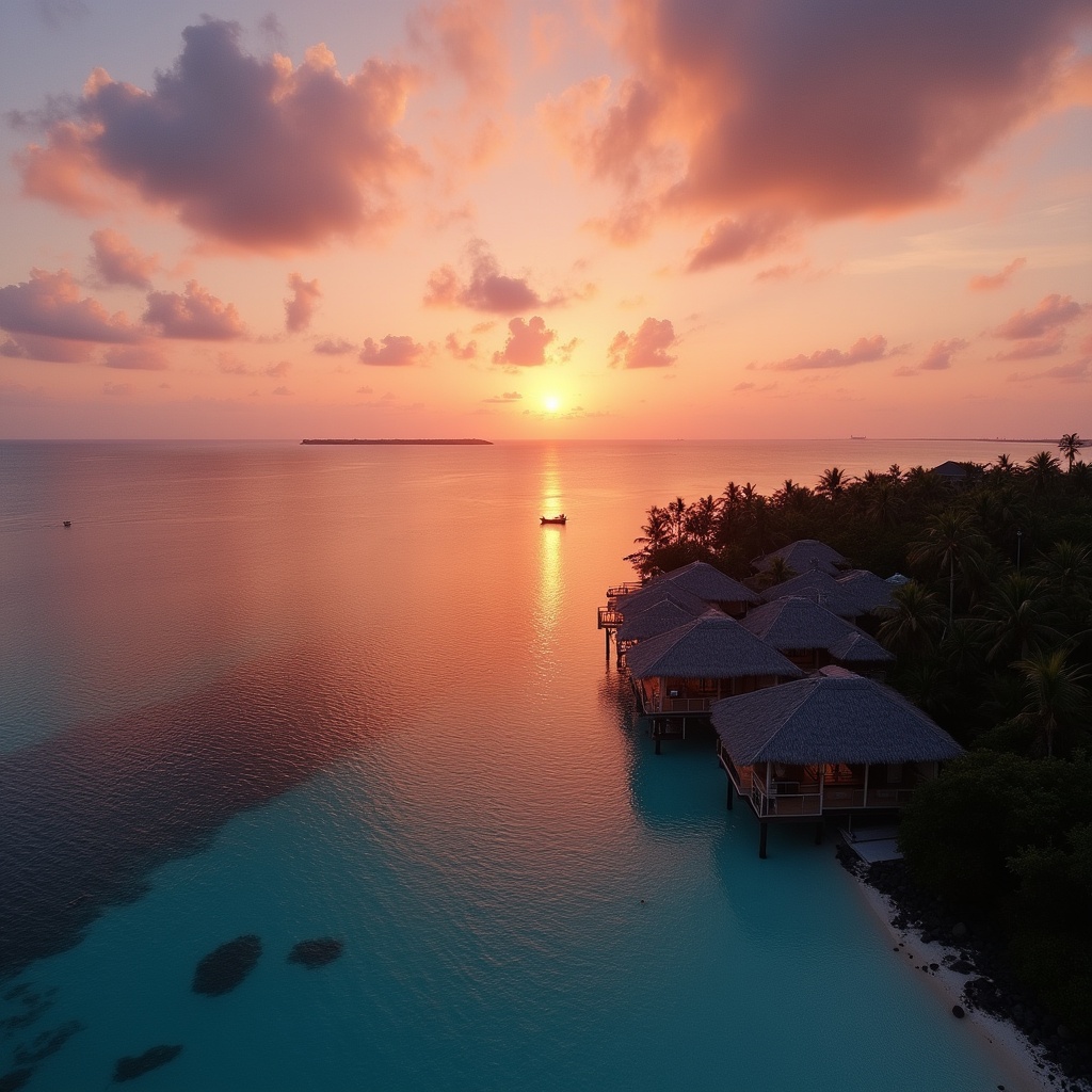 Overwater bungalows at tropical sunset Overwater bungalows at tropical sunset