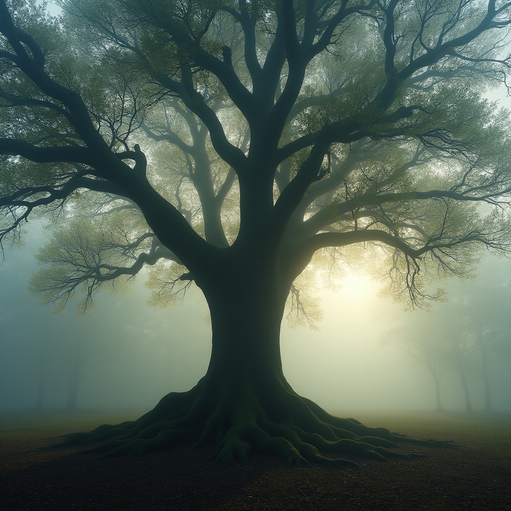 Majestic Oak Tree in Foggy Forest Majestic Oak Tree in Foggy Forest