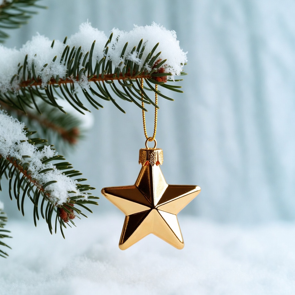 Gold Star Ornament on Snowy Christmas Branch Gold Star Ornament on Snowy Christmas Branch