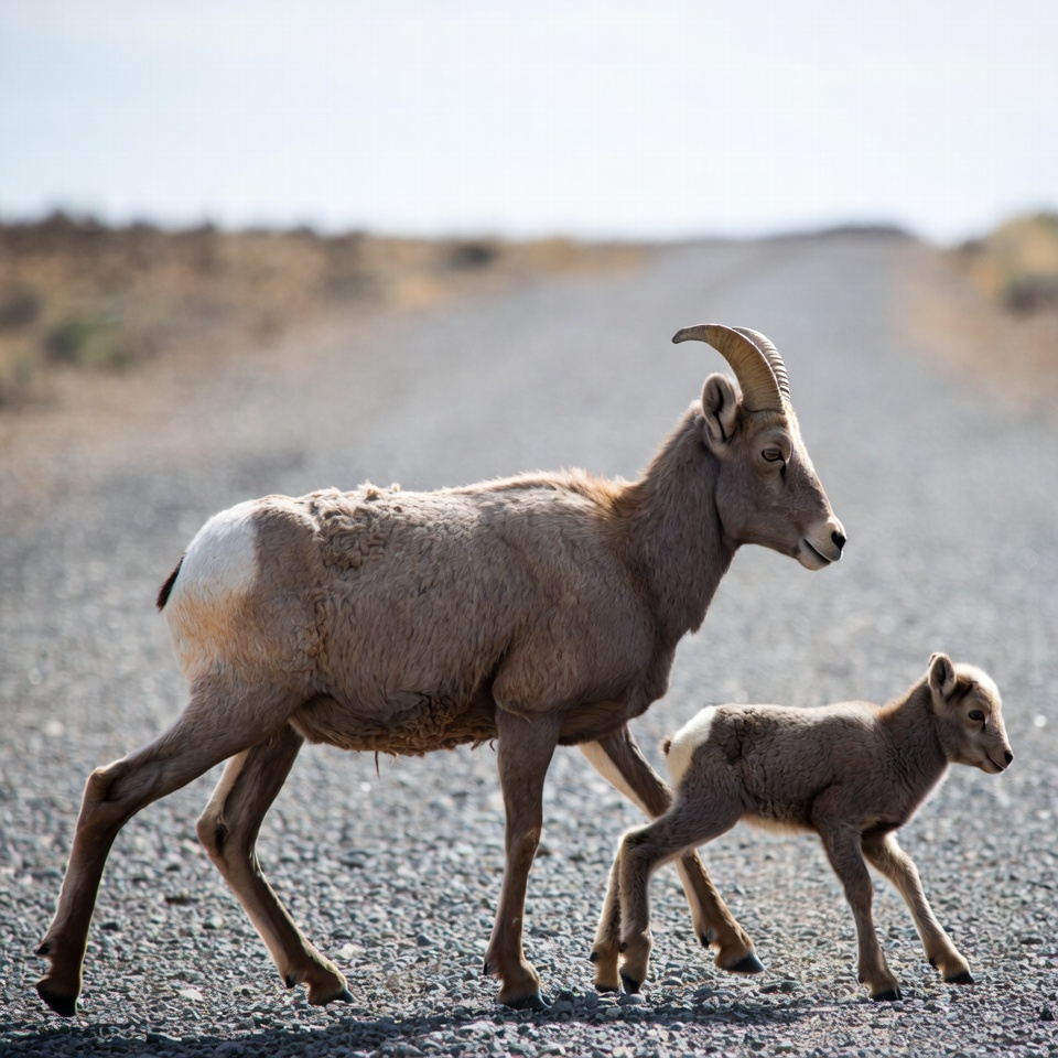Bighorn sheep mother and lamb walking Bighorn sheep mother and lamb walking