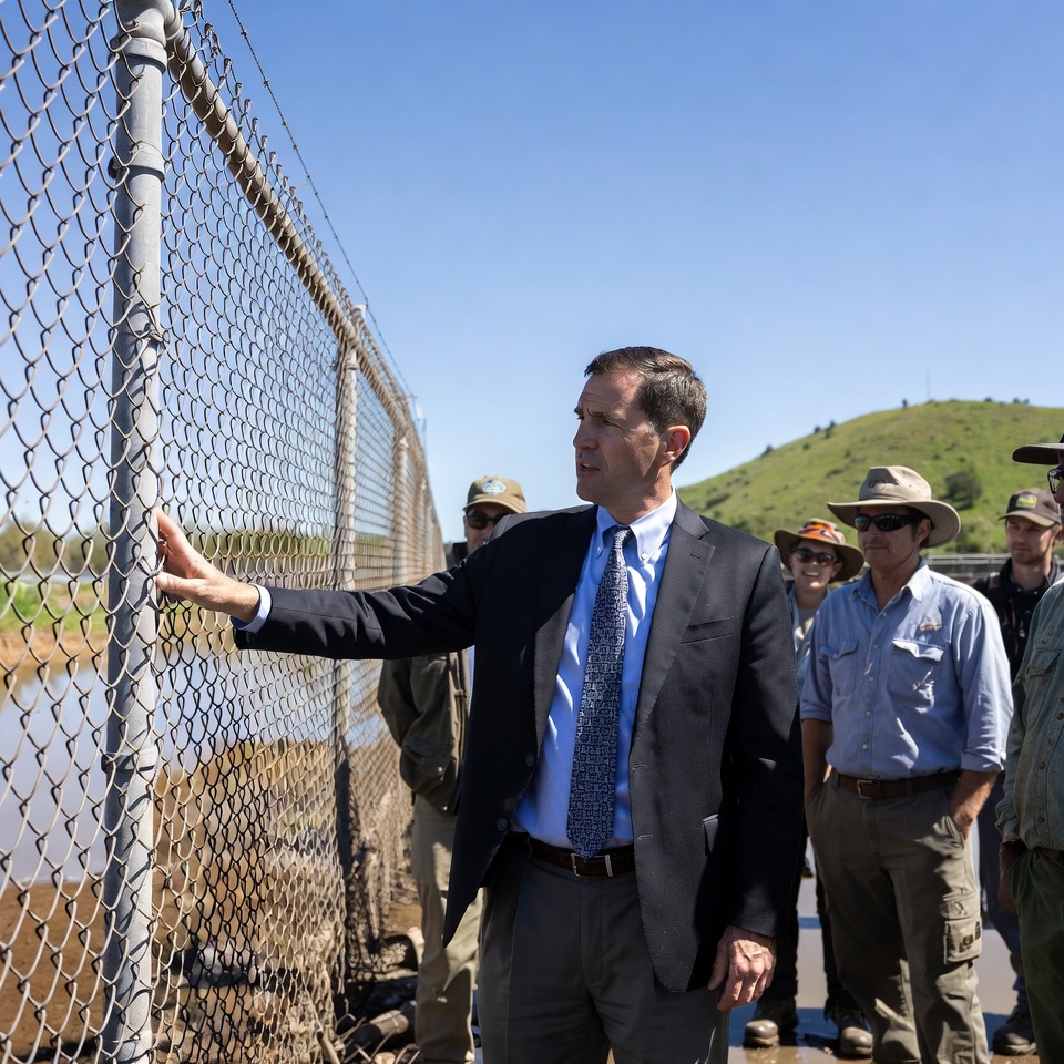 Man in suit pointing at chain-link fence Man in suit pointing at chain-link fence
