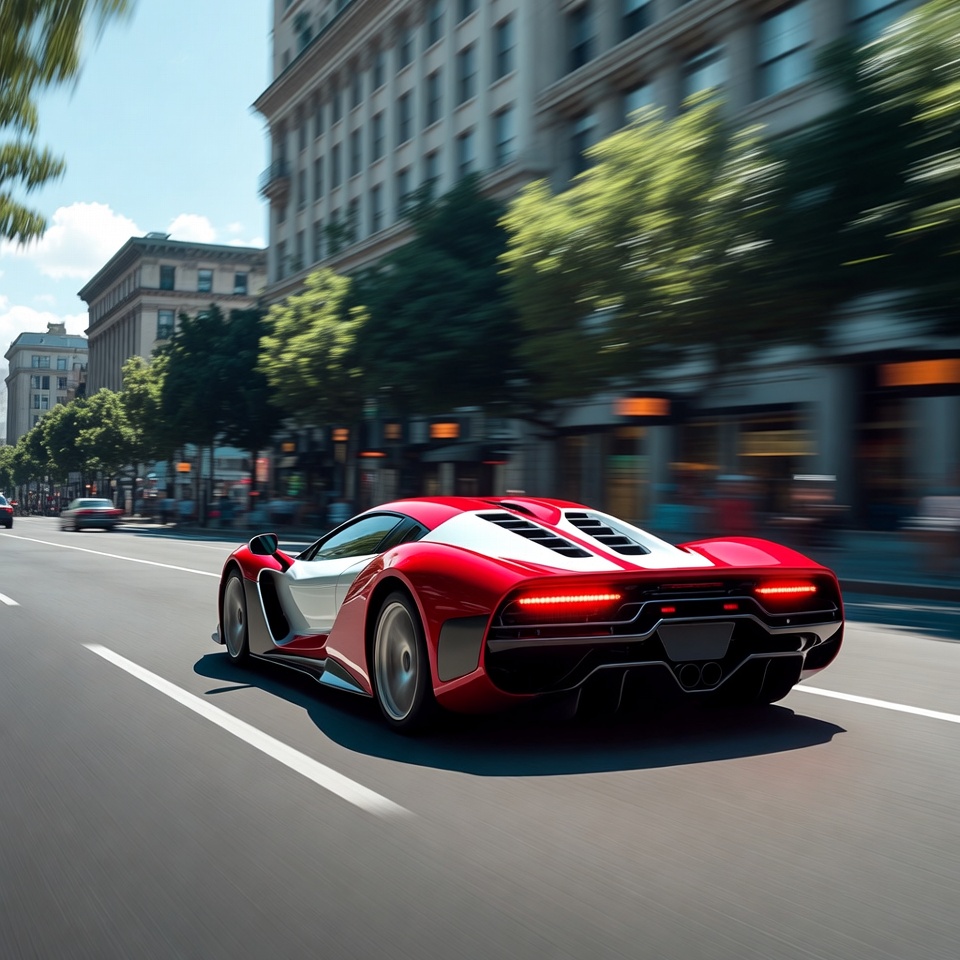 Red White Supercar Speeding Urban Street Red White Supercar Speeding Urban Street