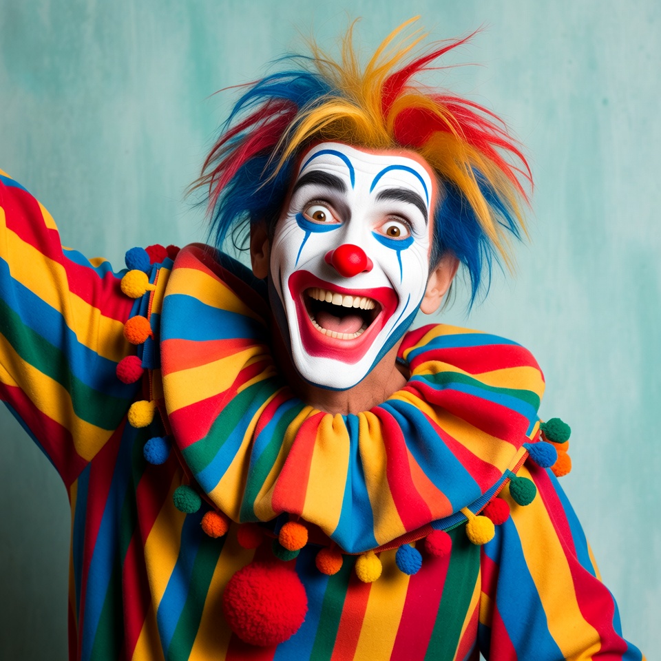Colorful Clown Laughing with Raised Arm Colorful Clown Laughing with Raised Arm