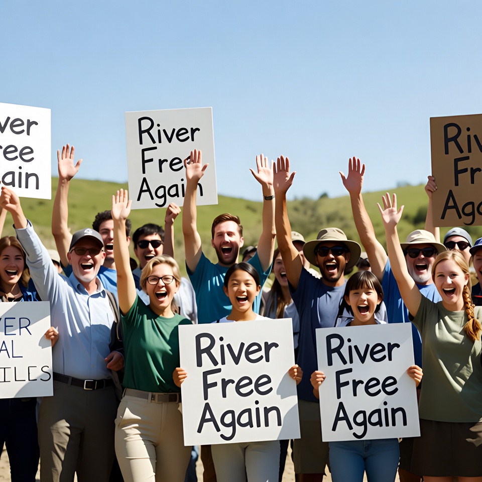 Diverse group holding River Free Again signs Diverse group holding River Free Again signs
