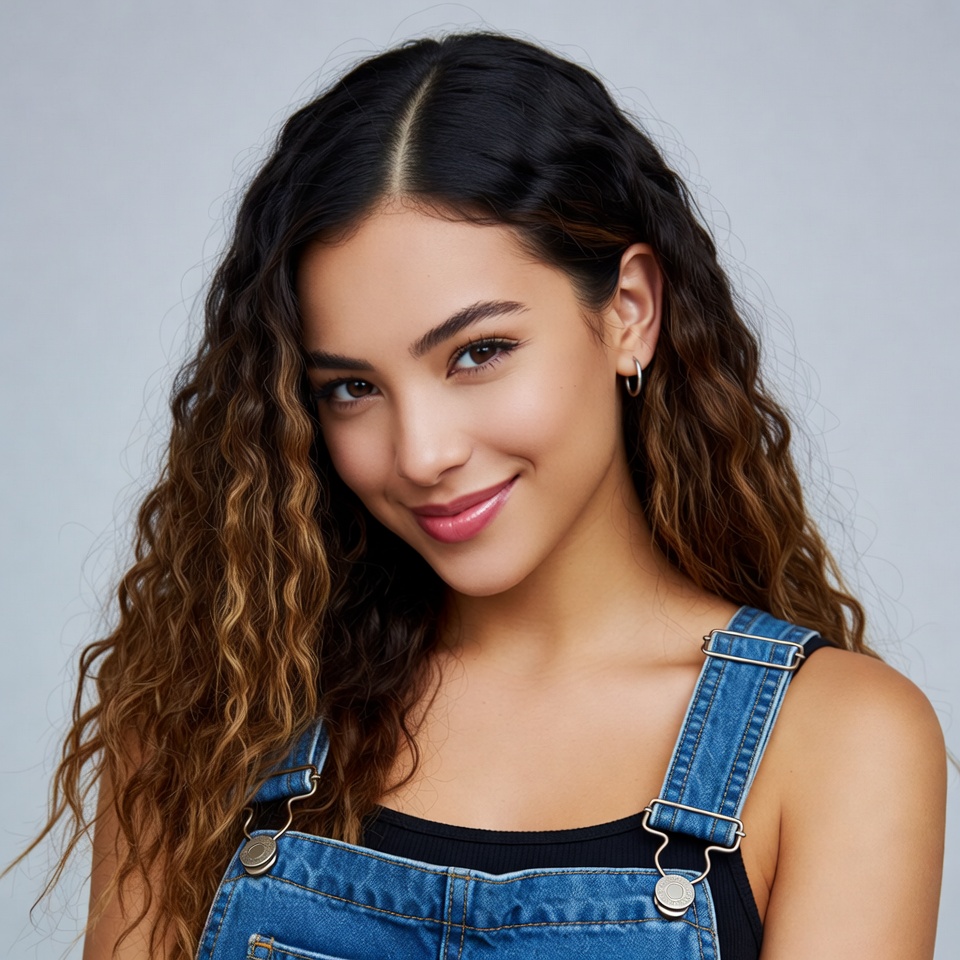 Smiling woman in denim overalls Smiling woman in denim overalls