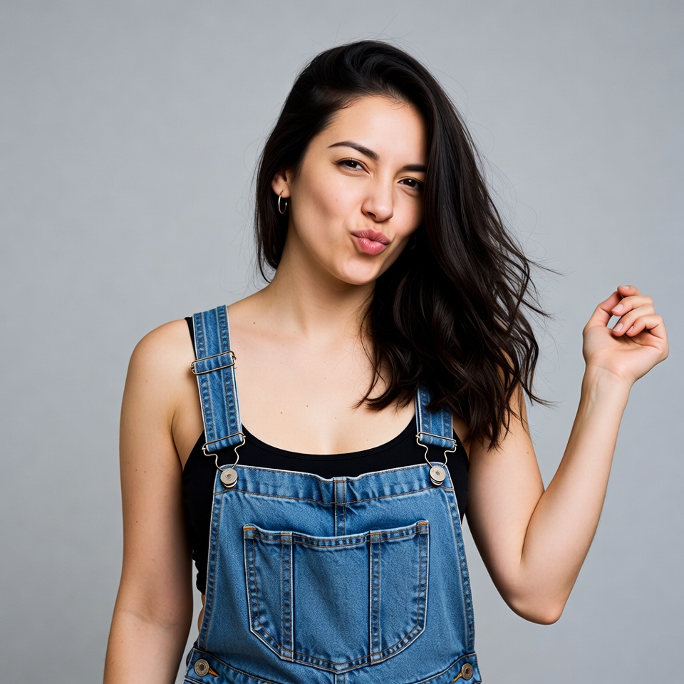 Woman in blue overalls making duck face Woman in blue overalls making duck face