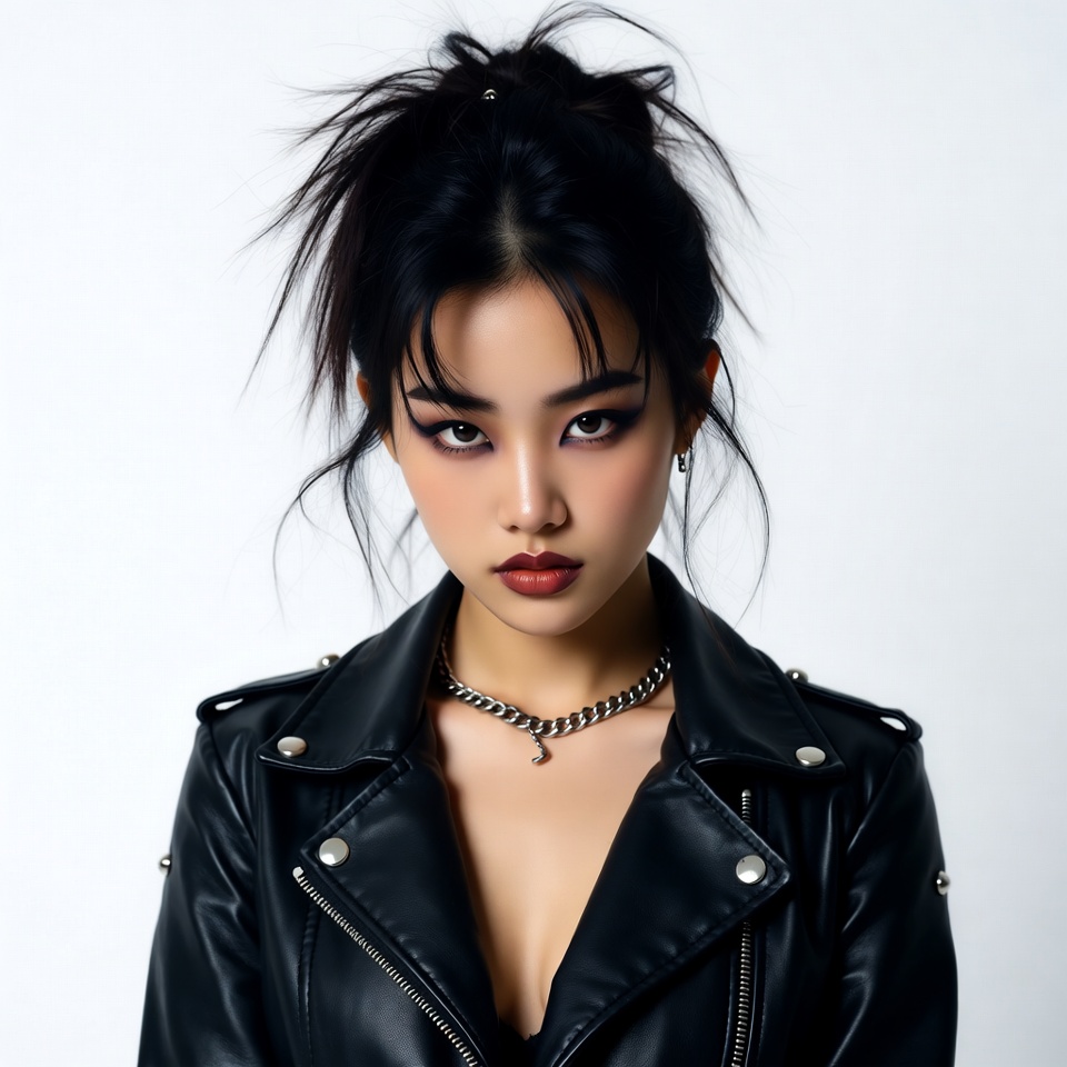 Asian woman in leather jacket Asian woman in leather jacket
