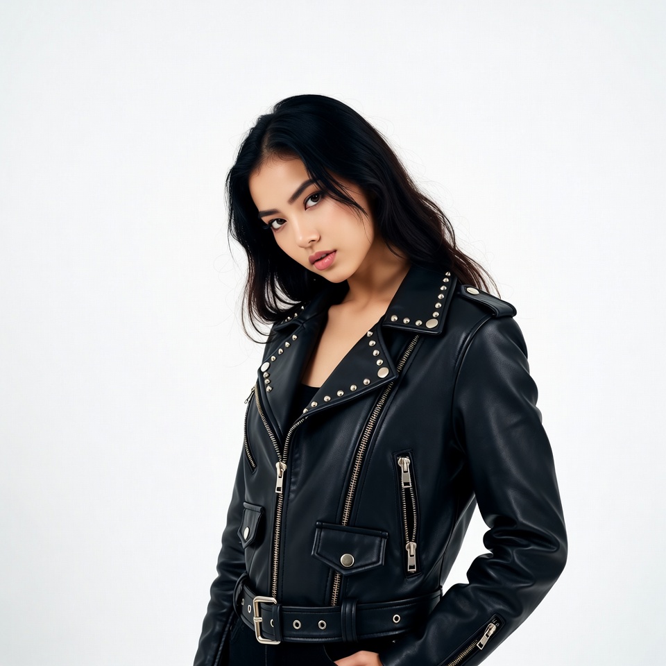 Asian woman in studded leather jacket Asian woman in studded leather jacket