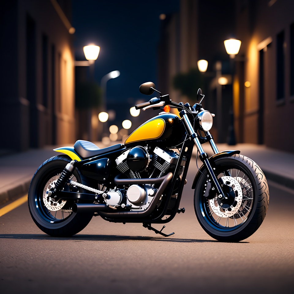 Yellow Motorcycle Parked on Night Street Yellow Motorcycle Parked on Night Street