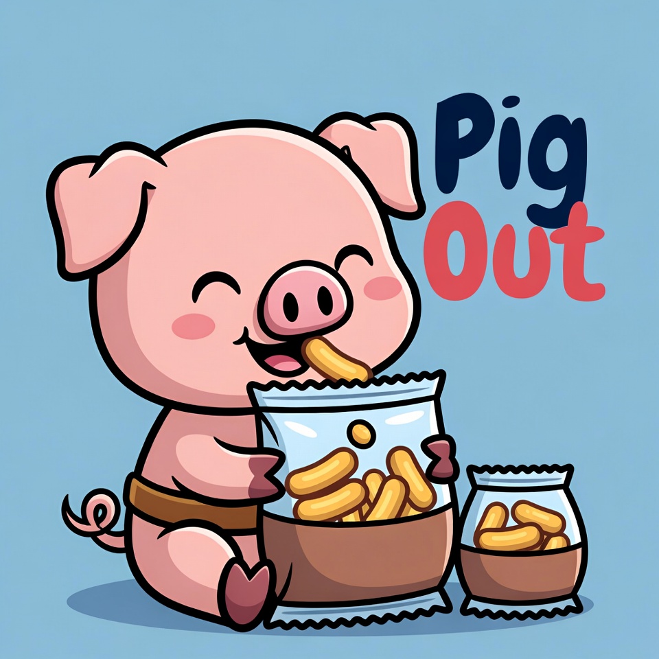 Cute cartoon pig eating chips Cute cartoon pig eating chips