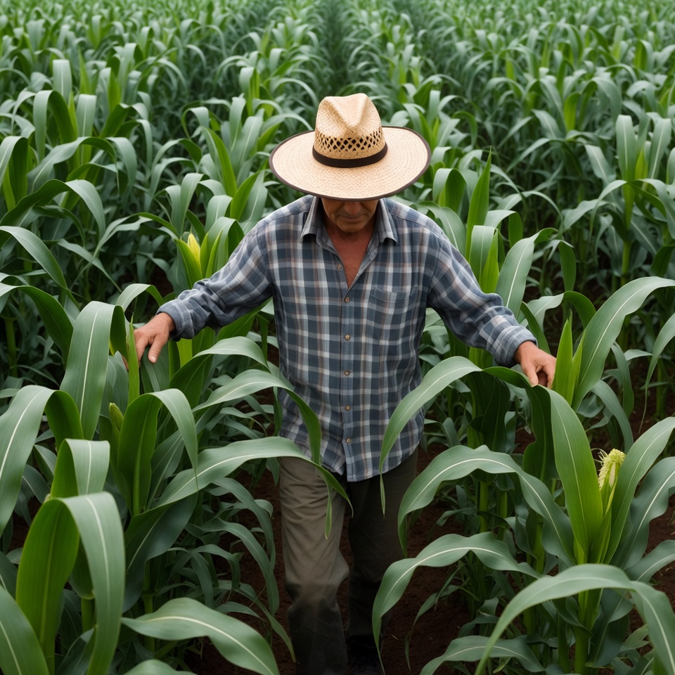 Farmer in cornfield wearing straw hat Farmer in cornfield wearing straw hat