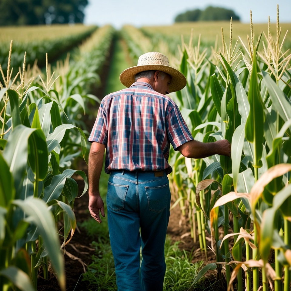 Farmer walking in corn field Farmer walking in corn field
