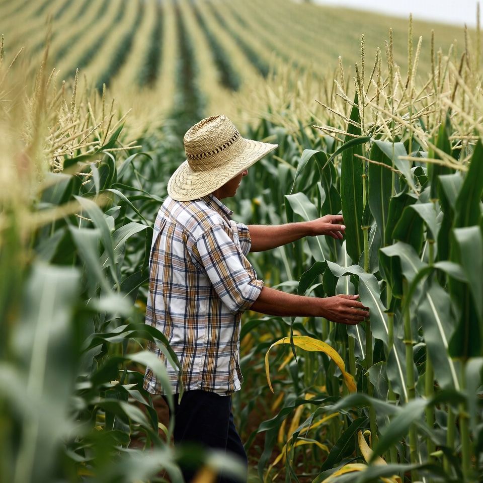 Farmer inspecting cornfield with straw hat Farmer inspecting cornfield with straw hat