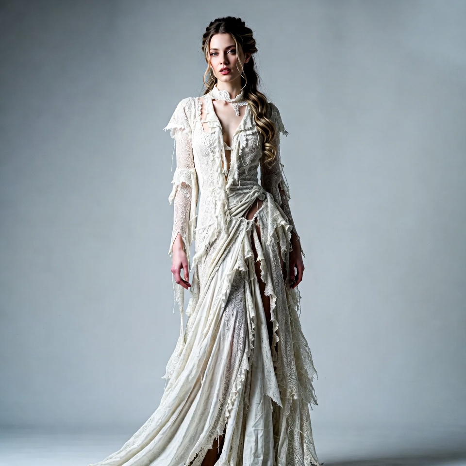 Woman in tattered white lace gown Woman in tattered white lace gown