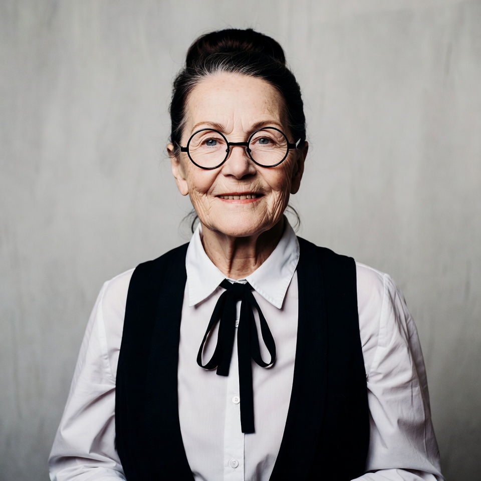 Elderly woman wearing glasses and vest Elderly woman wearing glasses and vest