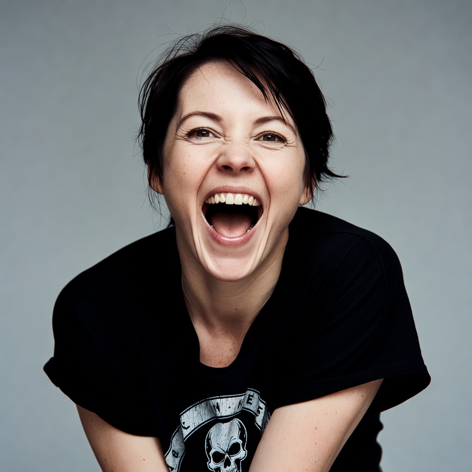 Woman laughing with skull t-shirt Woman laughing with skull t-shirt