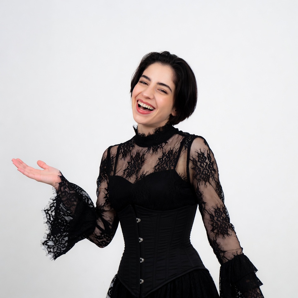 Smiling woman in black lace corset dress Smiling woman in black lace corset dress