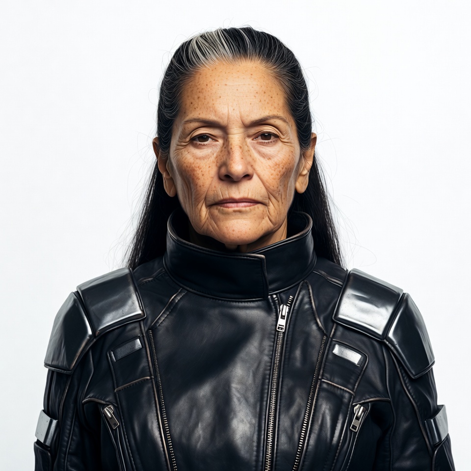 Older Latina woman in futuristic leather jacket Older Latina woman in futuristic leather jacket