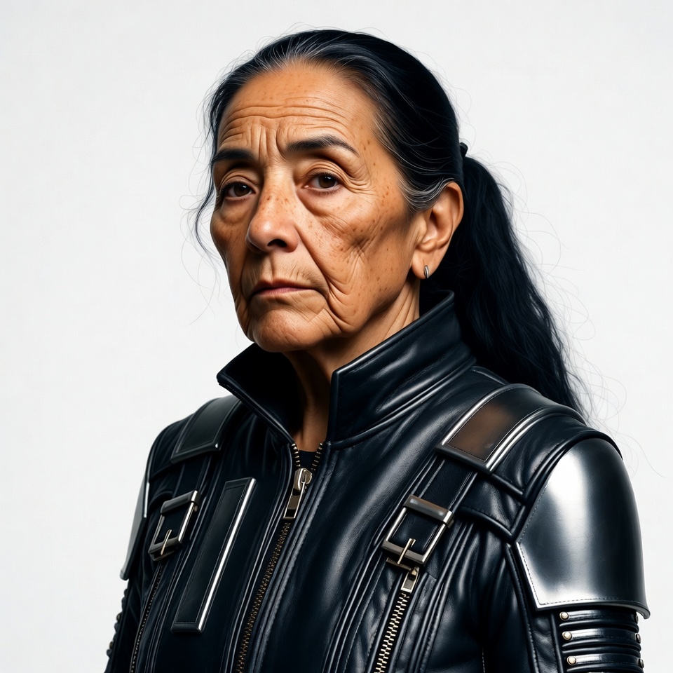 Elderly Asian woman in black sci-fi jacket Elderly Asian woman in black sci-fi jacket