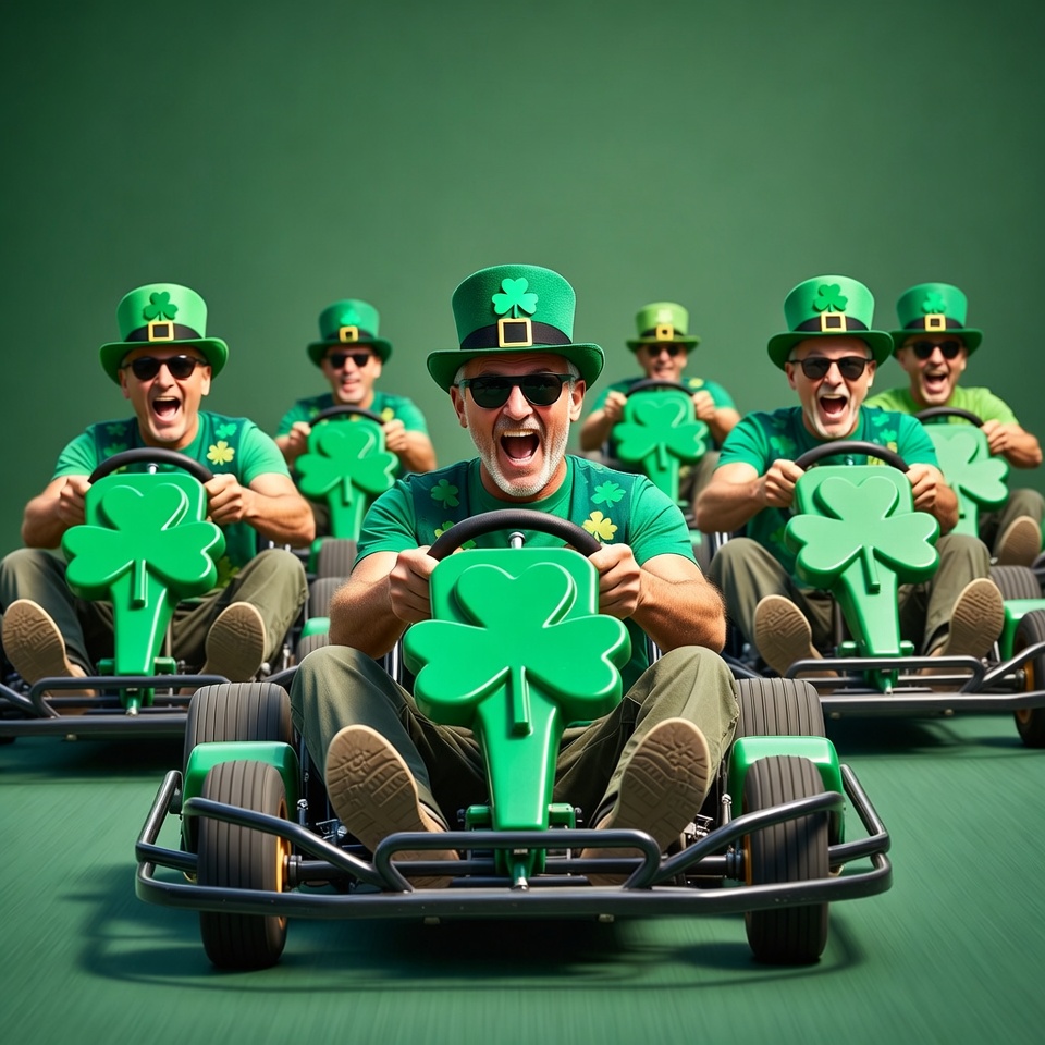 Men in green hats racing go-karts Men in green hats racing go-karts