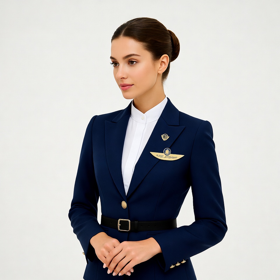 Woman in navy blue flight attendant uniform Woman in navy blue flight attendant uniform