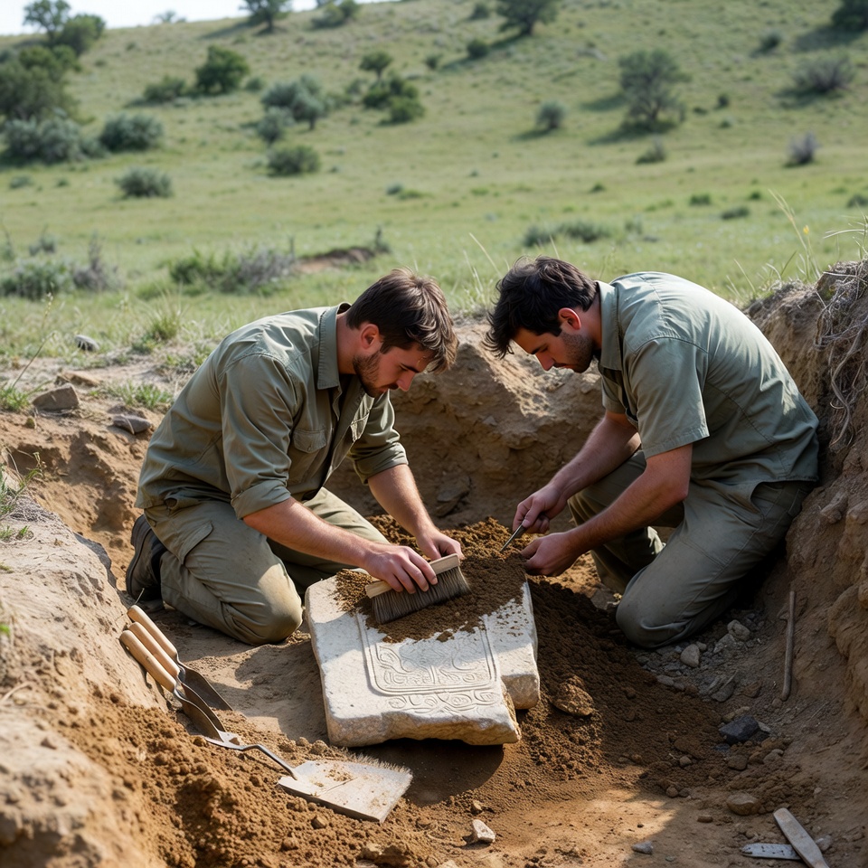 Two Archaeologists Excavating Stone Slab Two Archaeologists Excavating Stone Slab