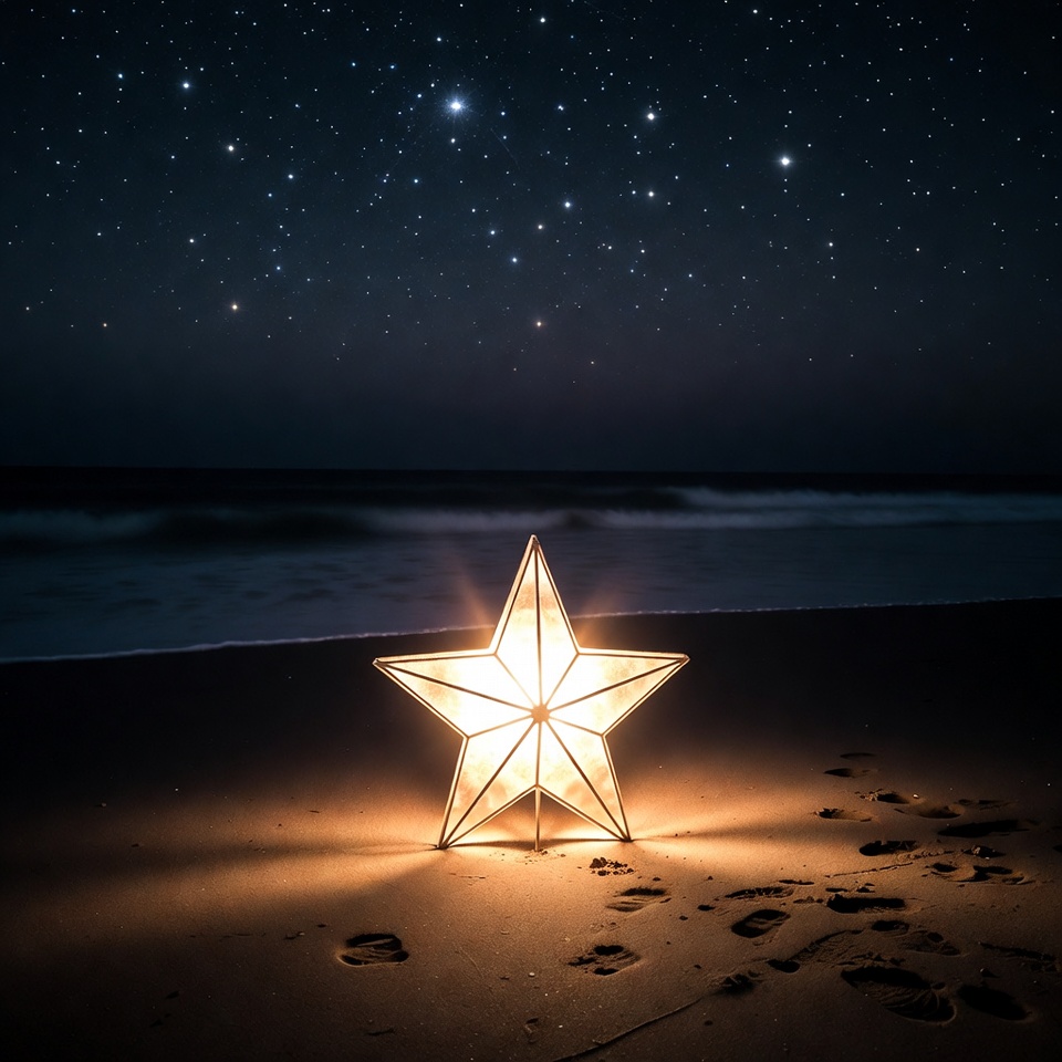 Glowing Star Lantern on Beach Glowing Star Lantern on Beach