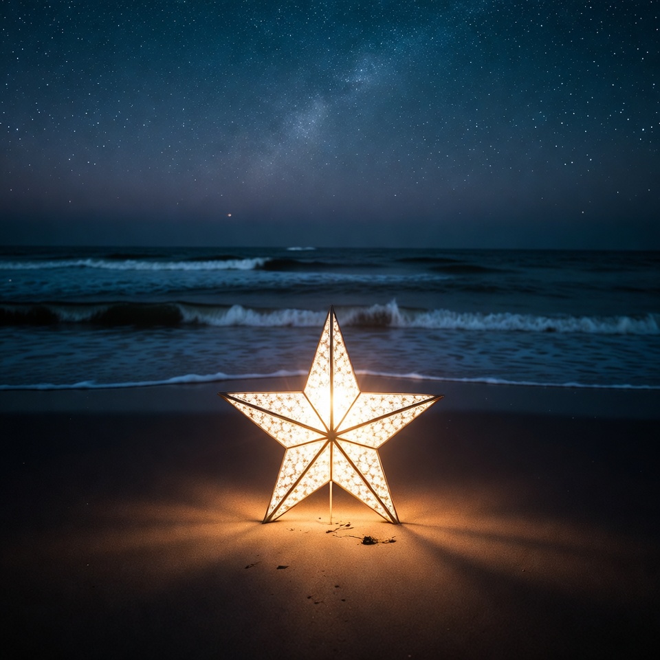 Glowing Star Lantern on Beach Glowing Star Lantern on Beach