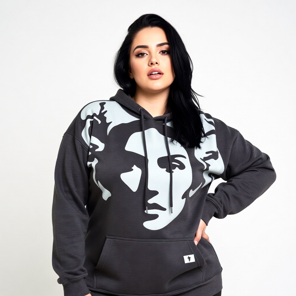 Curvy Latina woman in Medusa hoodie Curvy Latina woman in Medusa hoodie