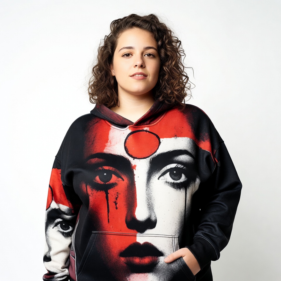 Curly-haired woman in artistic face hoodie Curly-haired woman in artistic face hoodie