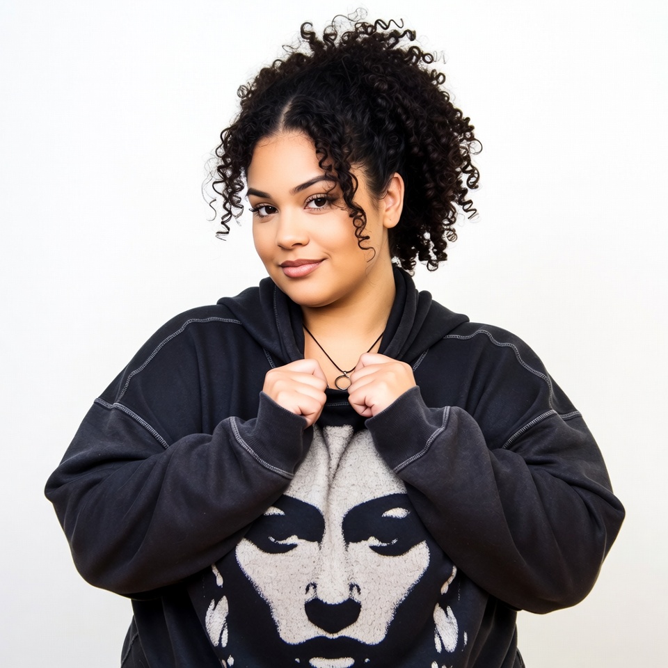 Curly-haired African-American woman in hoodie Curly-haired African-American woman in hoodie