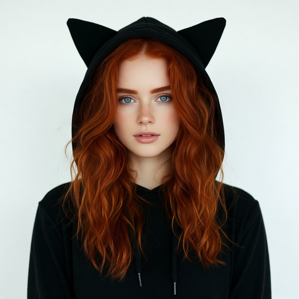 Redhead woman in black cat ear hoodie Redhead woman in black cat ear hoodie