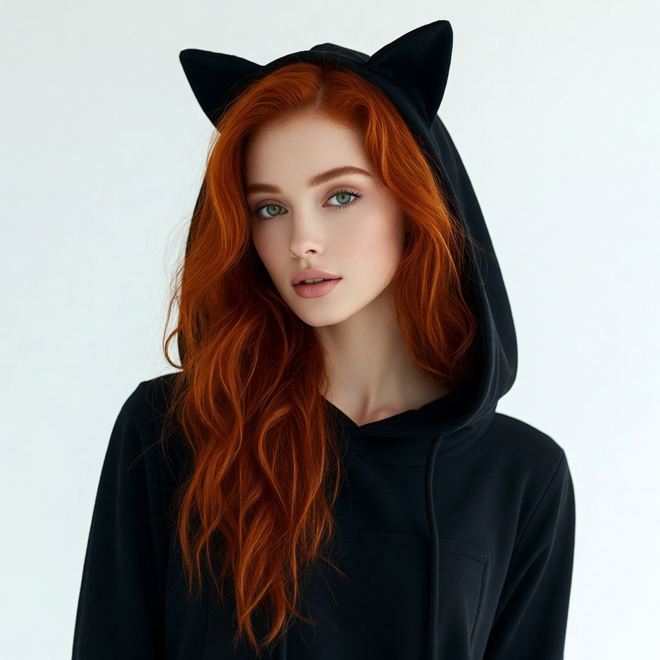 Redhead woman in cat ear hoodie Redhead woman in cat ear hoodie