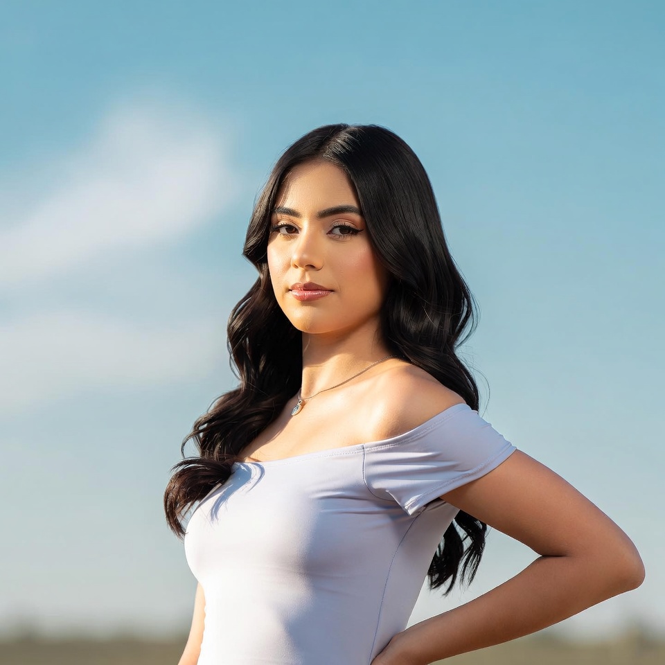 Latina woman in off-shoulder top outdoors Latina woman in off-shoulder top outdoors