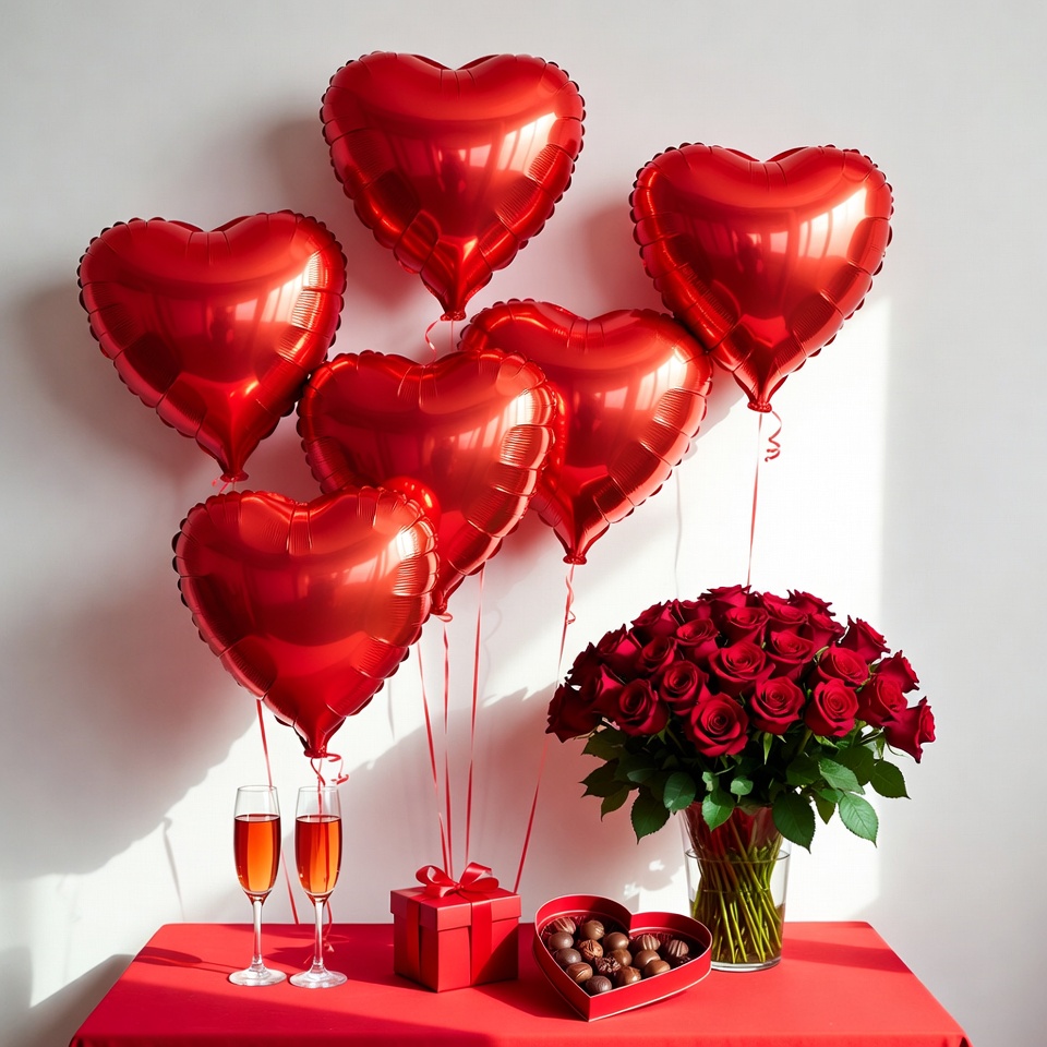 Red Heart Balloons with Roses and Champagne Red Heart Balloons with Roses and Champagne