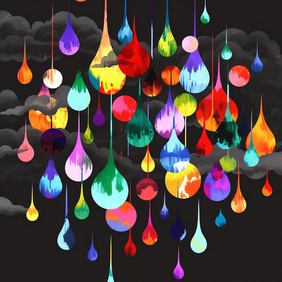 Colorful Raindrops Falling on Dark Cloudy Sky Colorful Raindrops Falling on Dark Cloudy Sky