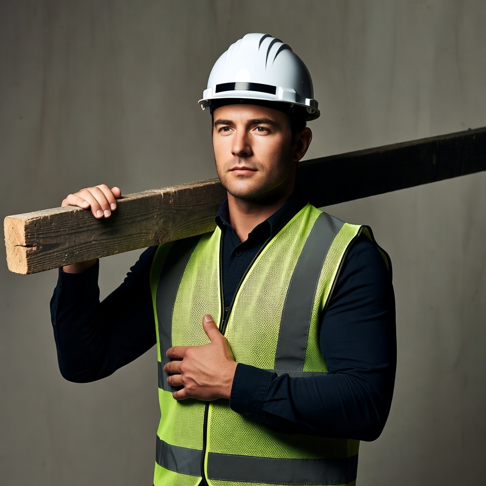 Man carrying wood plank in hard hat Man carrying wood plank in hard hat