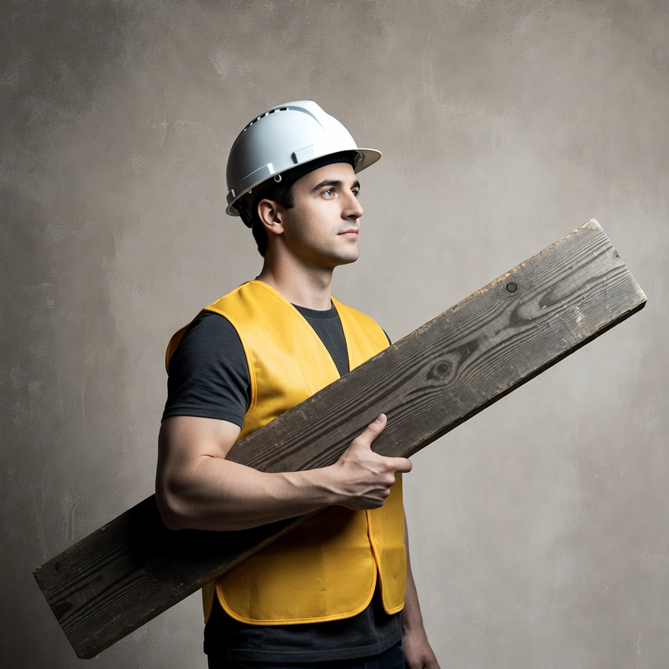 Construction worker holding wooden plank Construction worker holding wooden plank