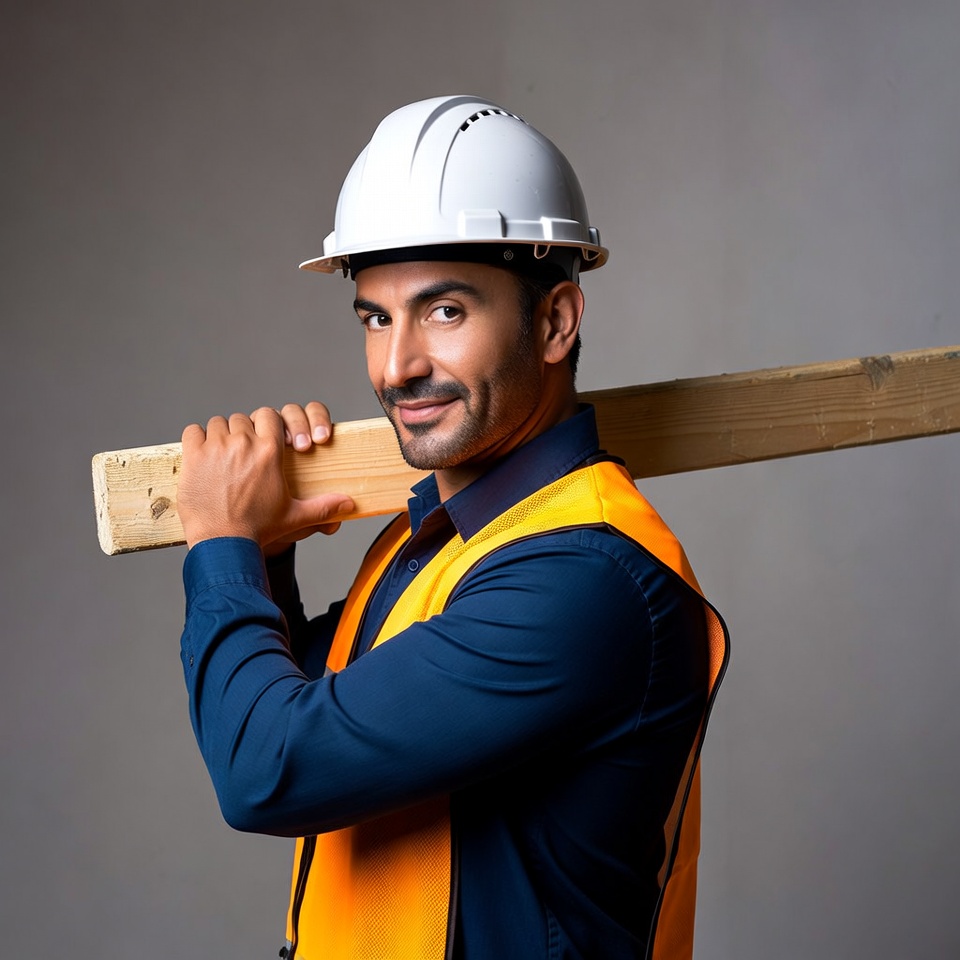Man carrying wood plank in hard hat Man carrying wood plank in hard hat