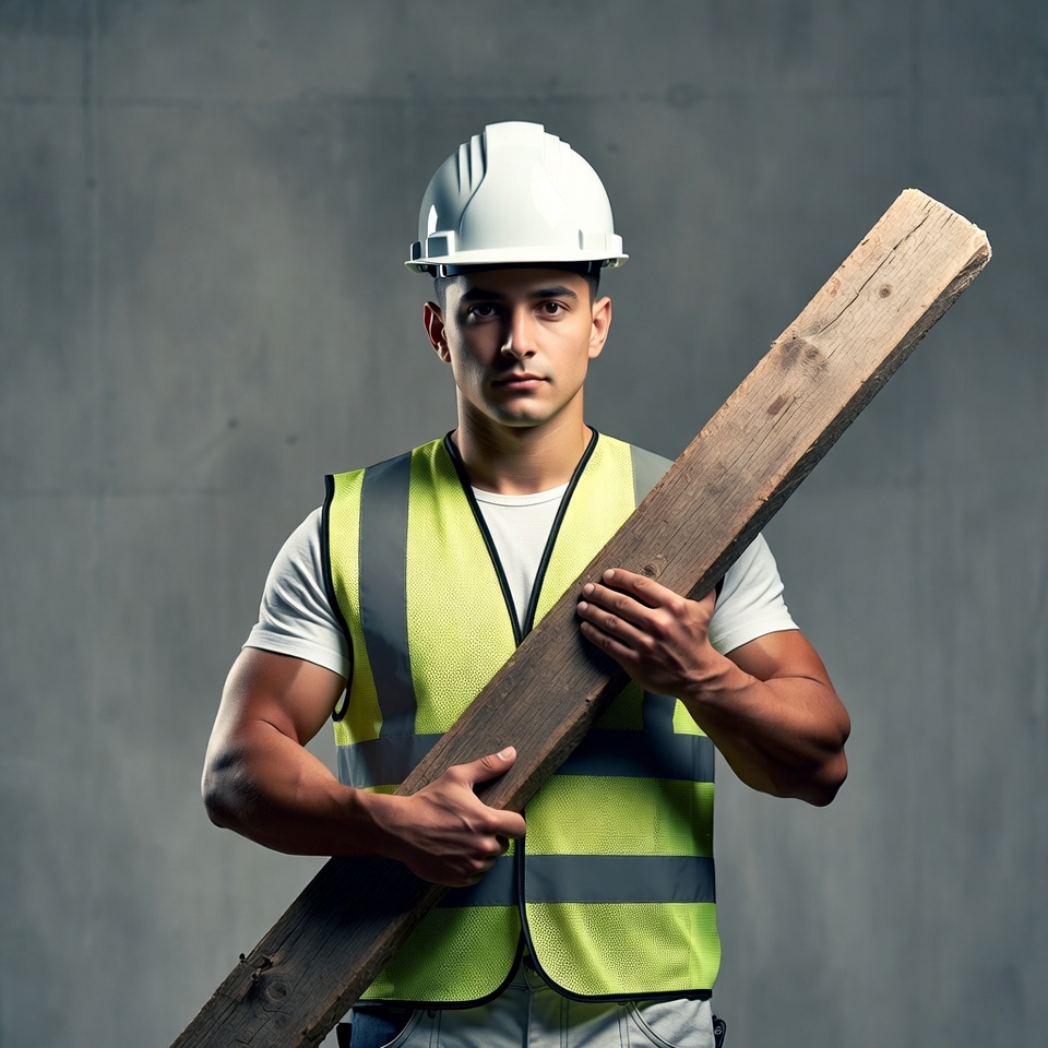 Construction worker holding wooden beam Construction worker holding wooden beam