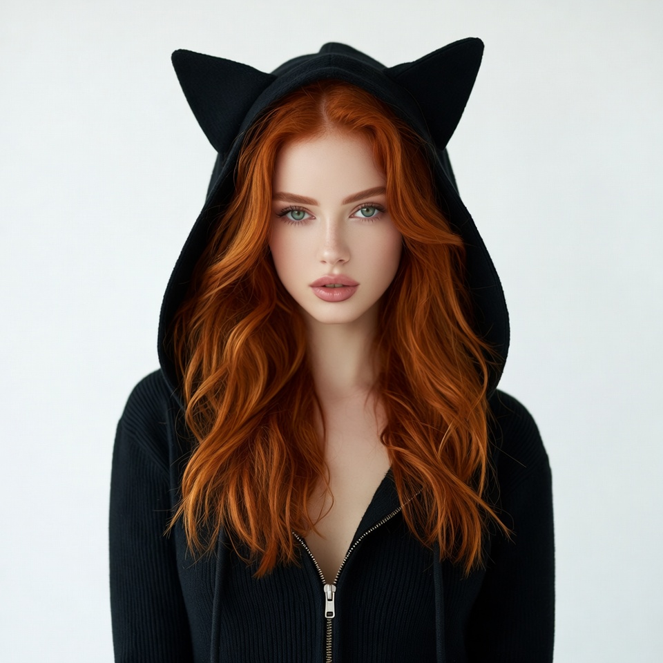 Redhead woman in black cat ear hoodie Redhead woman in black cat ear hoodie